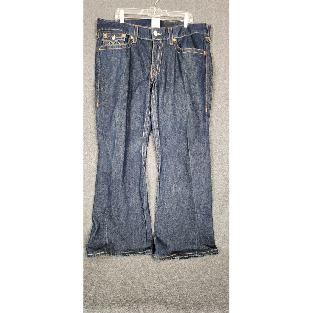 True Religion Joey Flare Jeans Mens 38x30 Raw Denim Made in USA Orange Stitch